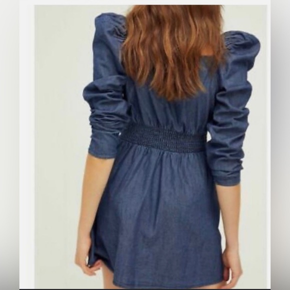 Free People Women’s Molly Puff Sleeve Retro Western Denim Mini Dress Size M - Picture 10 of 12